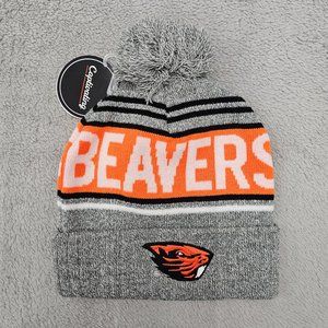 Beavers Pom Pom Cuffed Knit Beanie Hat - Gray & Orange